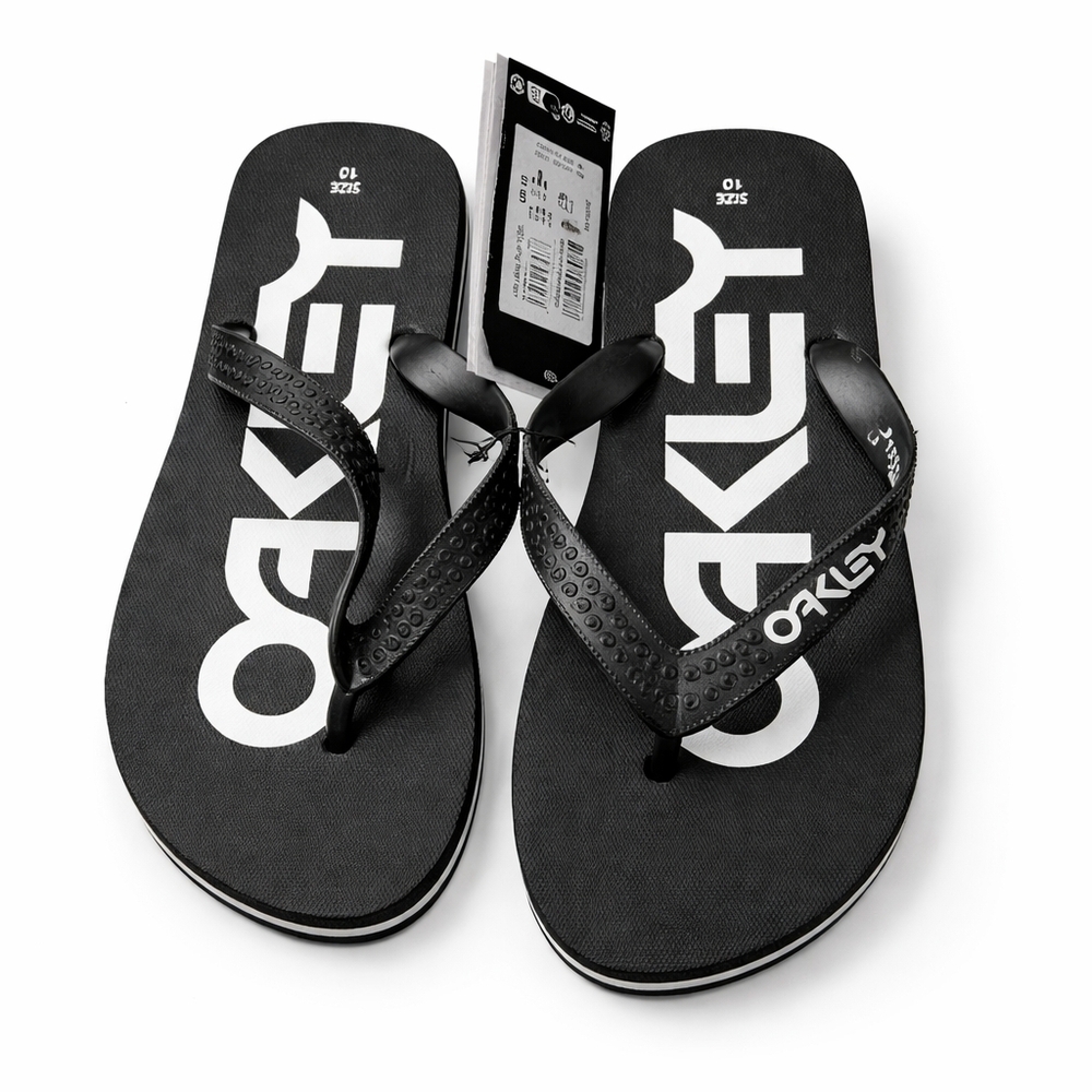 Oakley College Flip Flops Men's Size 10 Black White Logo Sandals NWT